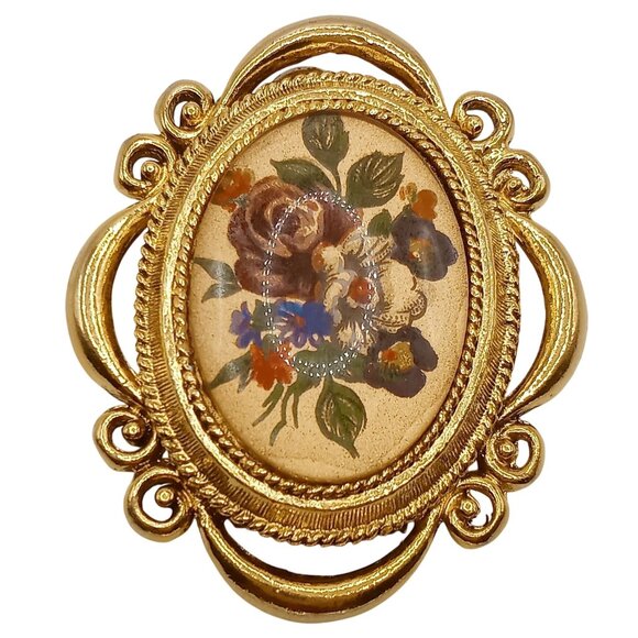 Vintage Corday Perfume Locket Gold Tone Floral Design Oval Shape Cabochon Design - Picture 1 of 6